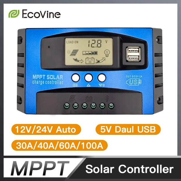 MPPT Solar Charge Controller 30A 40A 50A 60A 100A 12V/24V Battery Charger with LCD Display & USB Output