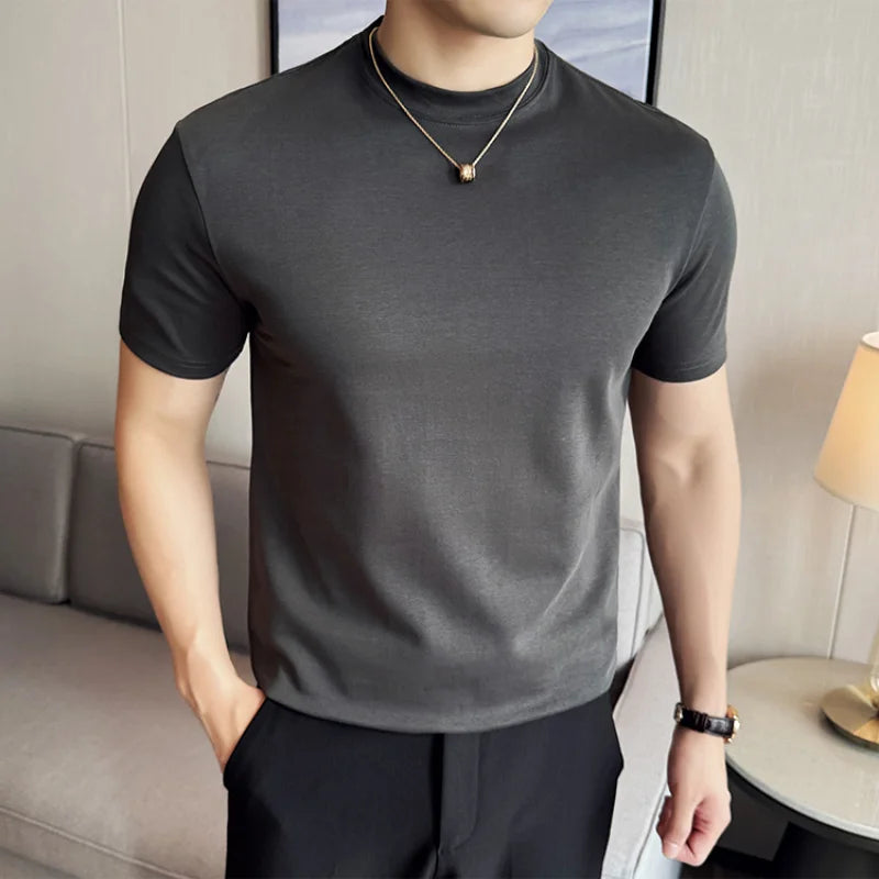 HANKANON Men’s Slim-Fit Short-Sleeve High-Neck 85% Cotton Stretch T-Shirt