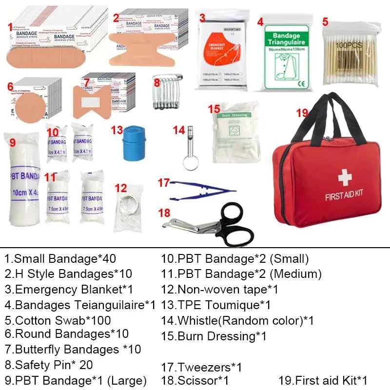 210-Piece Portable First Aid Kit with Red Zippered Medical Bag for Car, Travel and Outdoor Use