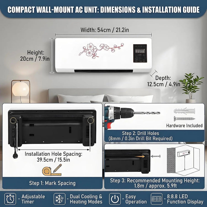 1800W Wall-Mounted Heating & Cooling Fan with Remote Control, LED Display & Touch Controls