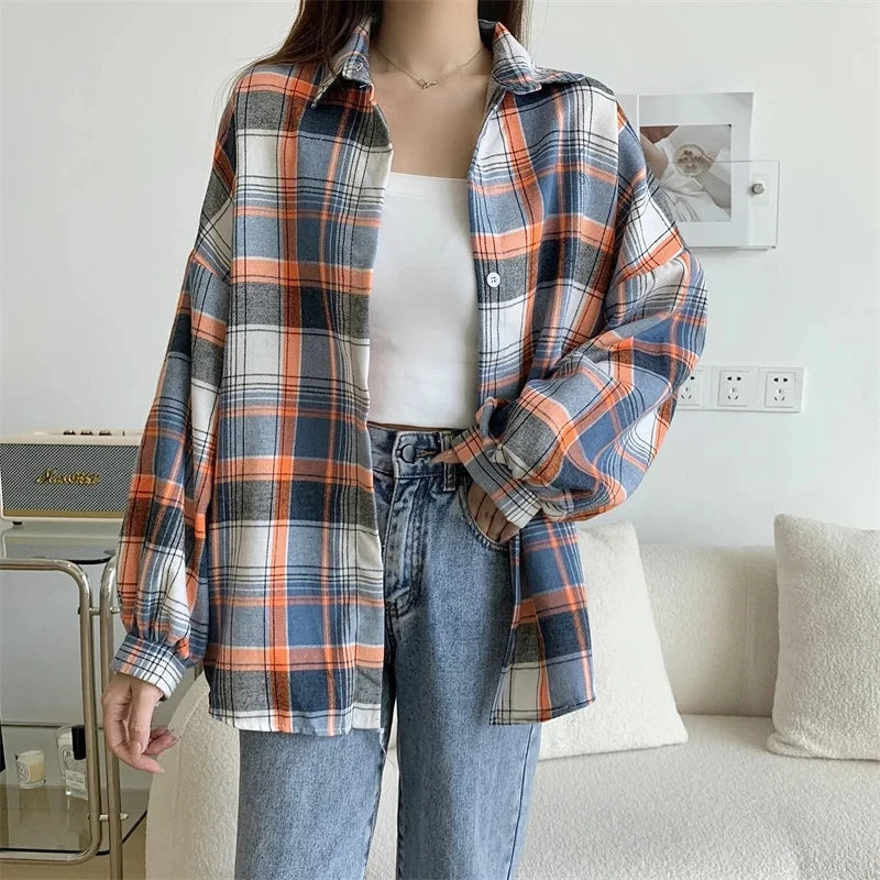 Women's Plaid Button-Up Shirt – Long Sleeve Loose Fit Casual Blouse