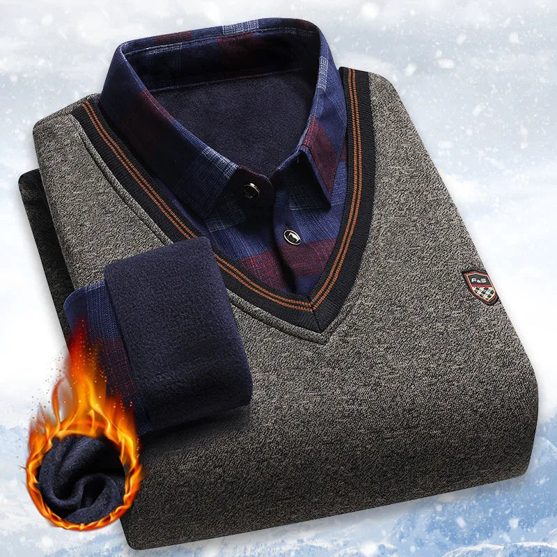 Men's Vintage Plaid Fleece Lined Polo Collar Pullover Sweater Winter Knitwear