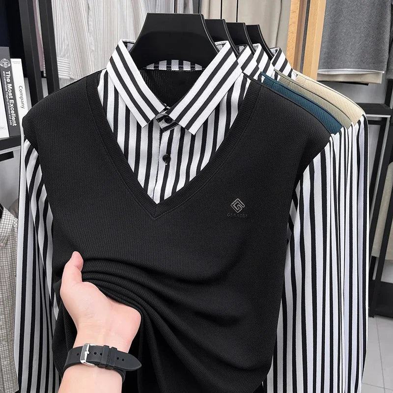 Men’s Business Casual Striped Long Sleeve Shirt with Sweater Vest – Fake Two-Piece Top