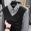 Men’s Business Casual Striped Long Sleeve Shirt with Sweater Vest – Fake Two-Piece Top