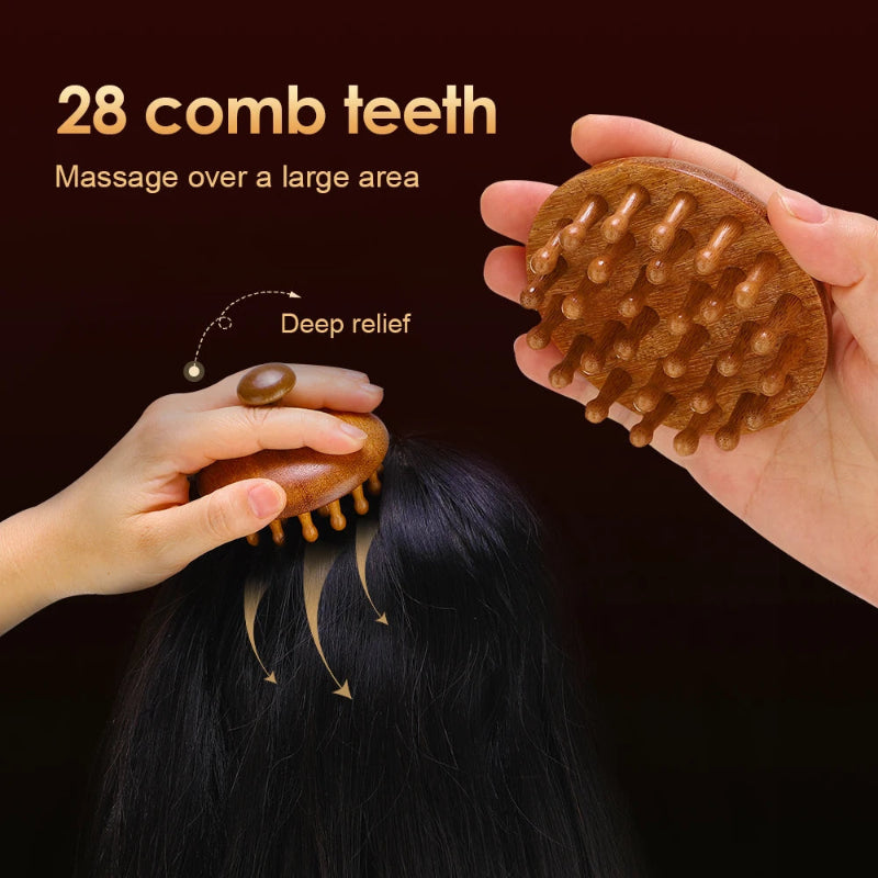 Wooden Body Massage Brush with 28 and 33 Rounded Comb Teeth, Finger Grip Handle & Hand Strap