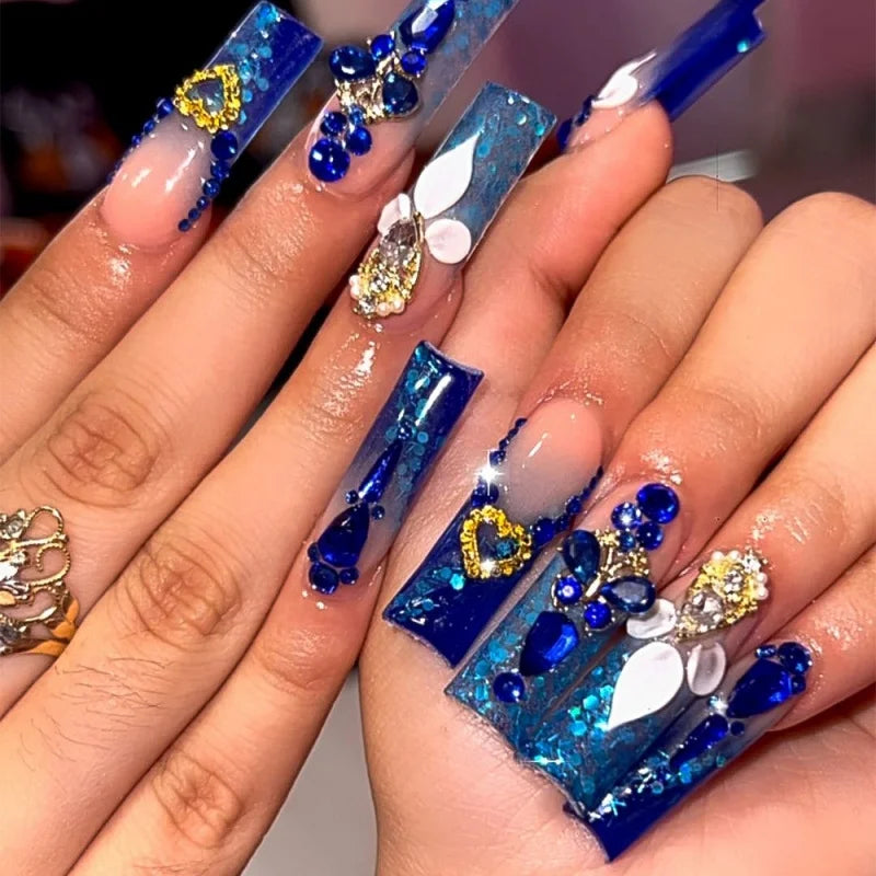 24Pcs Ultra Long Coffin Press On Nails Set with French Gradient Design, 3D Flower Butterfly Diamond Glossy Reusable Fake Nails