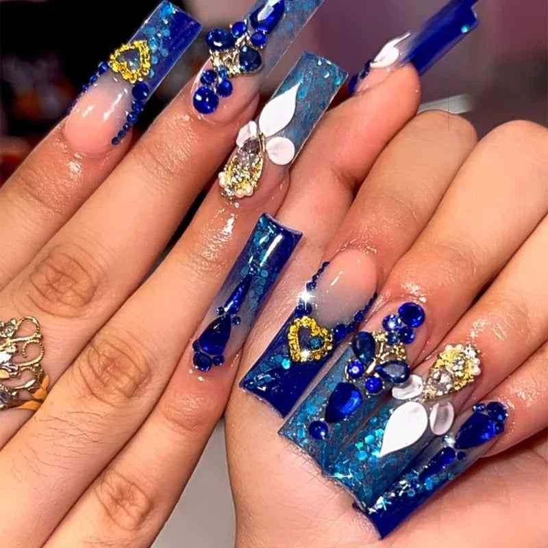 24Pcs Ultra Long Coffin Press On Nails Set with French Gradient Design, 3D Flower Butterfly Diamond Glossy Reusable Fake Nails