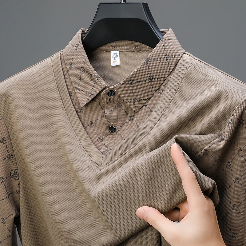 Men's Long Sleeve Polo Shirt with Two Piece Design for Casual Business Style