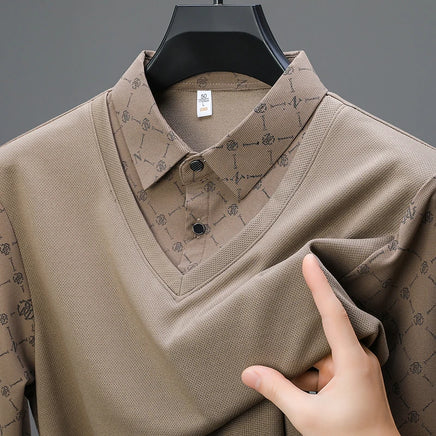 Men's Long Sleeve Polo Shirt with Two Piece Design for Casual Business Style