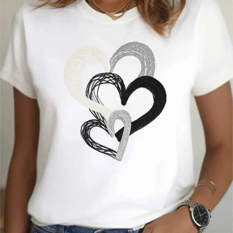 White Heart Print T-Shirt with Black, Gray, and White Design