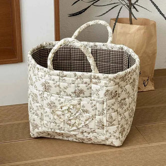 Airfriend Vintage Floral Foldable Storage Basket with Handle – Quilted Organizer for Clothes, Toys & Snacks