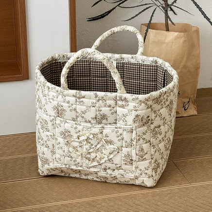 Airfriend Vintage Floral Foldable Storage Basket with Handle – Quilted Organizer for Clothes, Toys & Snacks