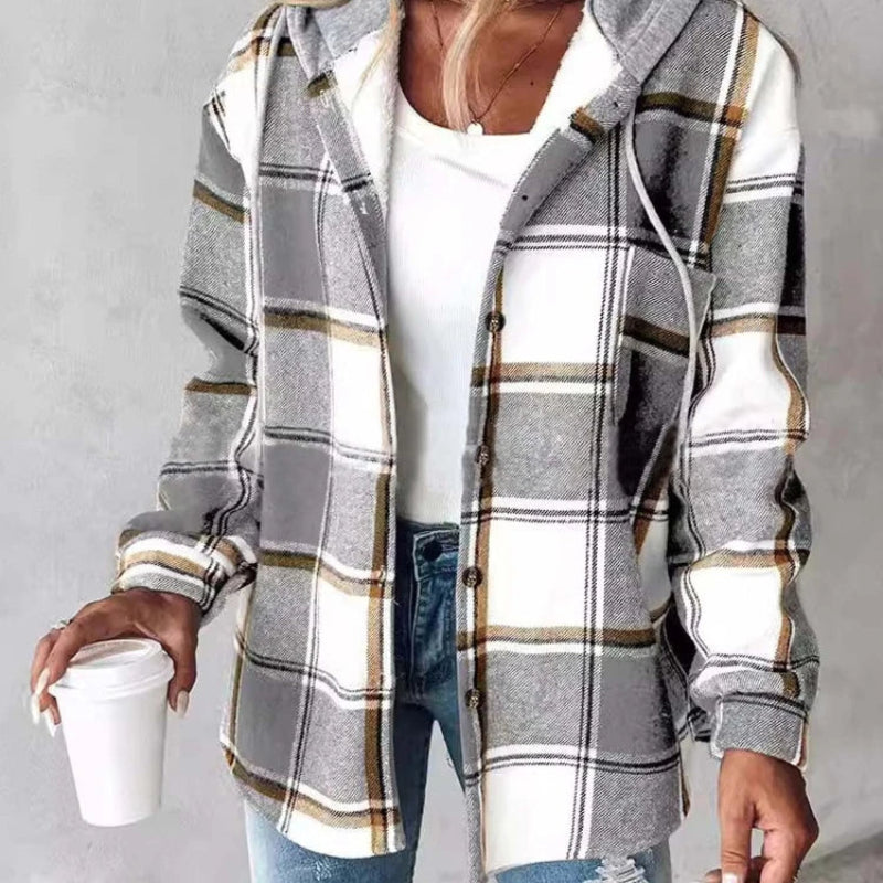 Women's Plaid Hooded Jacket – Long Sleeve Button-Up Casual Coat