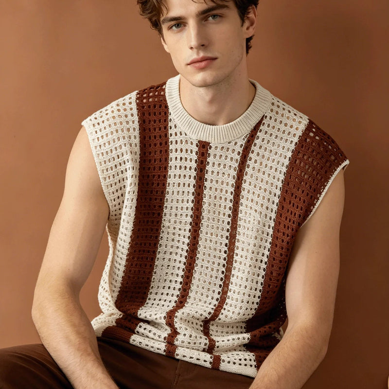 Men’s Striped Open-Knit Sleeveless Sweater Vest with Crew Neck