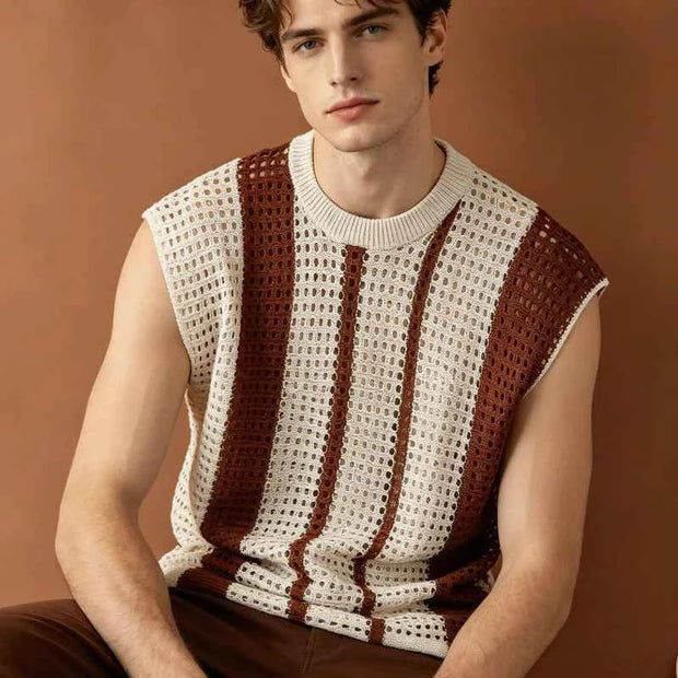 Men’s Striped Open-Knit Sleeveless Sweater Vest with Crew Neck
