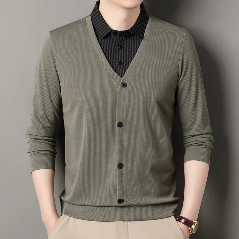 Men's Fake Two-Piece Polo Shirt – Long Sleeve Collar Knit Top Casual Fashion Sweater