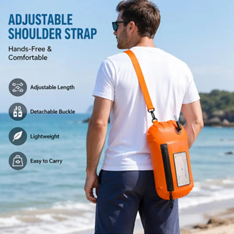 Orange Waterproof Swim Buoy Dry Bag with Touchscreen Phone Pouch and Adjustable Strap