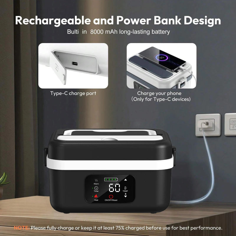 Wireless Electric Insulated Lunch Box 8000mAh Battery 60W Heating Food Warmer with 1L Stainless Steel Container