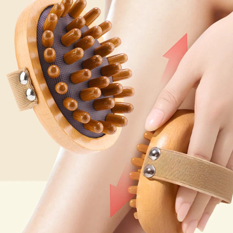 Wooden Body Massage Brush with 28 and 33 Rounded Comb Teeth, Finger Grip Handle & Hand Strap