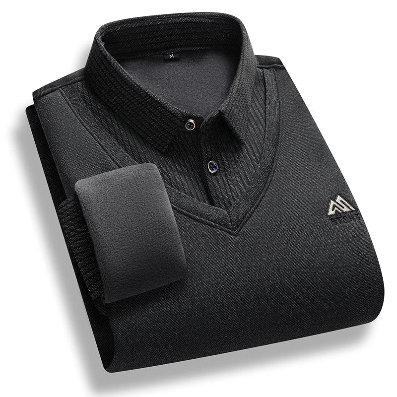 Men's Fleece Lined Polo Collar Pullover Sweater Two Piece Style Winter Casual Top