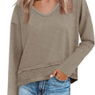 Women's V-Neck Long Sleeve Crop Top – Loose Fit Raw Hem Casual T-Shirt