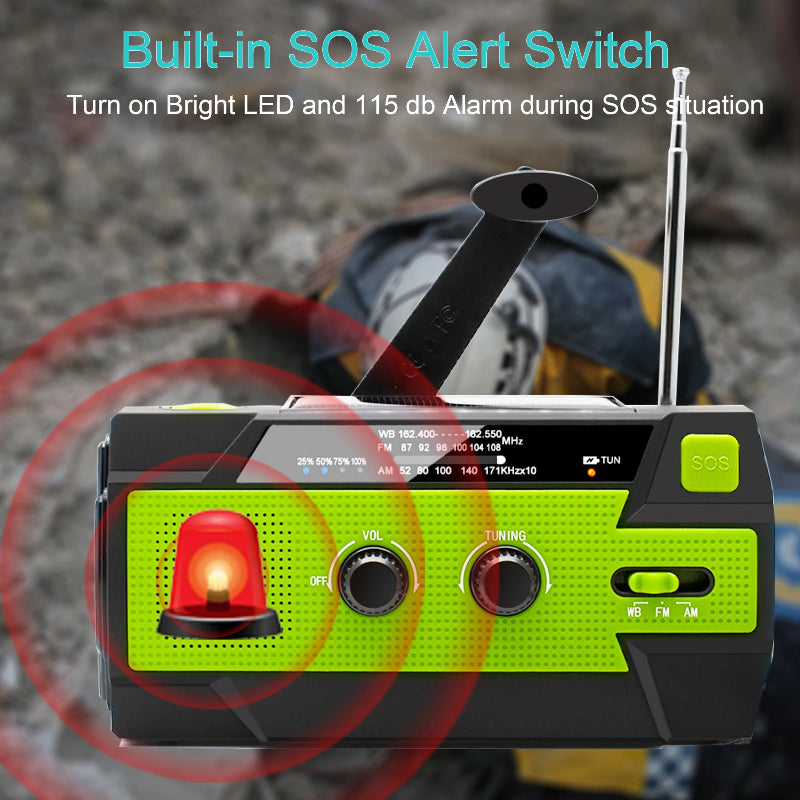 Solar Hand Crank Emergency Radio – 4000mAh Power Bank, NOAA AM/FM, SOS Alarm & LED Flashlight