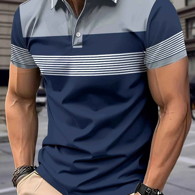 The 2025 summer new men's POLO shirt features a casual fashionable comfortable soft and breathable 3D striped pattern print