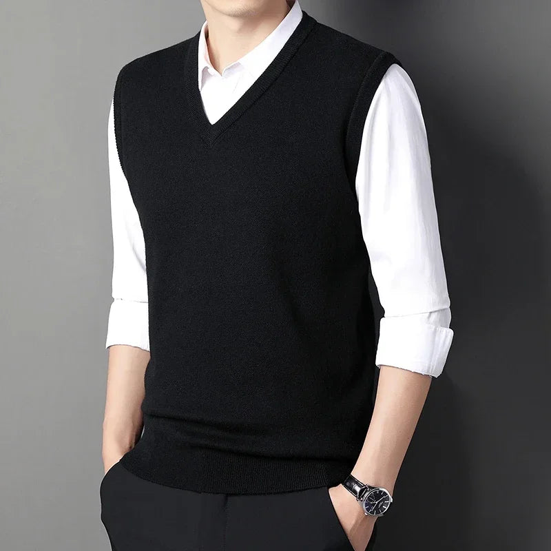 Men's Solid Color V-Neck Knitted Vest – Casual Sleeveless Sweater Top