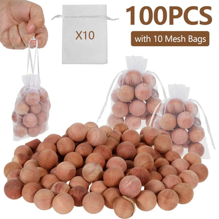 100Pcs Natural Cedar Wood Moth Repellent Balls with 10 Mesh Bags – Camphor Wood Balls for Drawers, Shoe Cabinets & Storage
