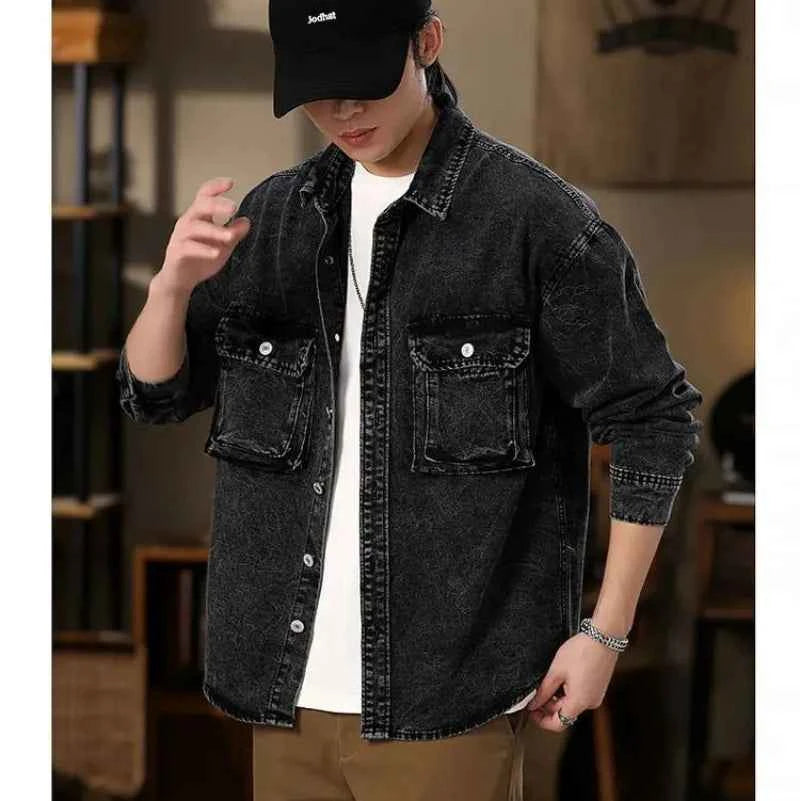 Men Fashion Denim Jackets Coats Loose Fit Pockets Solid Turn Down Collar Full Sleeve Regular Jacket Spring 2025 Causal Clothing