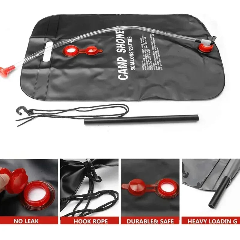 20L Solar Camping Shower Bag with Hose, Red Shower Head and Hanging Handle
