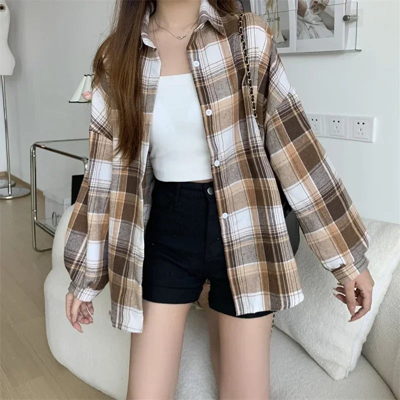 Women's Plaid Button-Up Shirt – Long Sleeve Loose Fit Casual Blouse