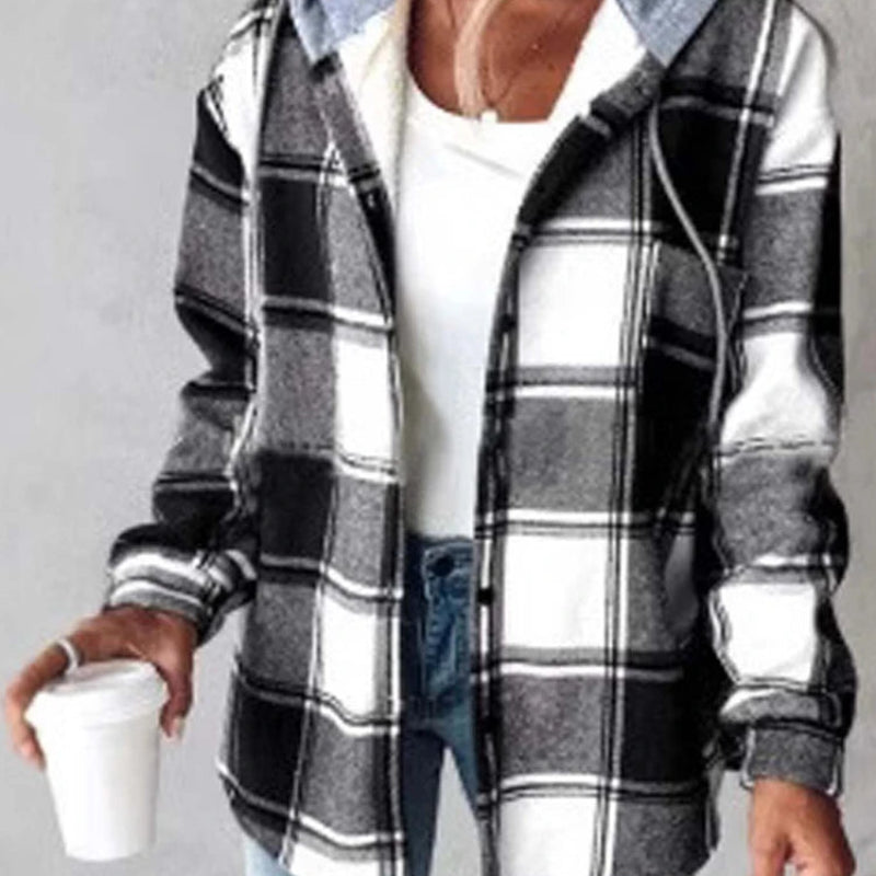 Women's Plaid Hooded Jacket – Long Sleeve Button-Up Casual Coat
