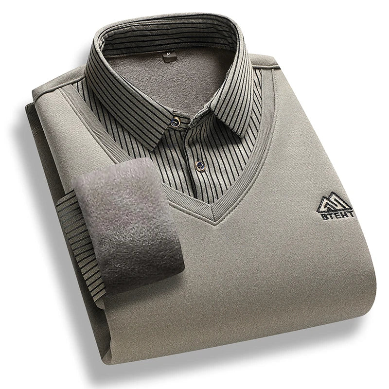 Men's Fleece Lined Polo Collar Pullover Sweater Two Piece Style Winter Casual Top