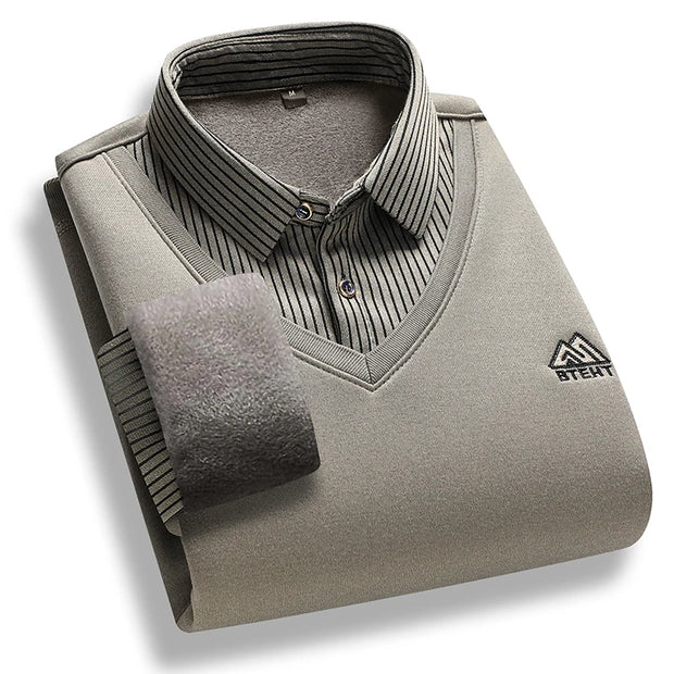 Men's Fleece Lined Polo Collar Pullover Sweater Two Piece Style Winter Casual Top