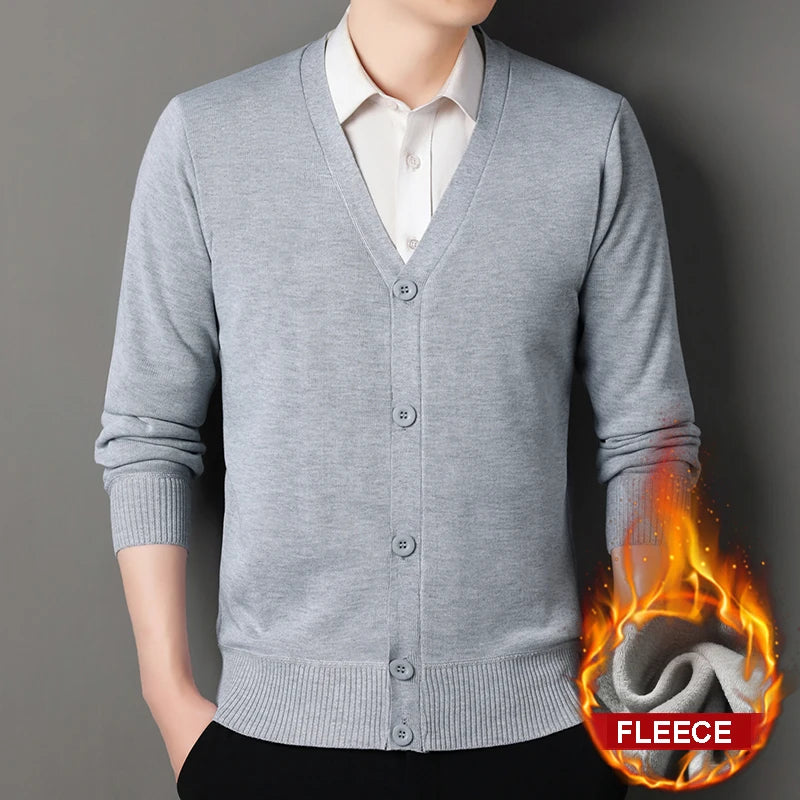 FLEECE Men's Smart Casual V-Neck Button Knit Cardigan Sweater – Long Sleeve