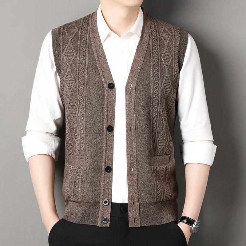 Men’s Knitted V-Neck Button-Up Sweater Vest Cardigan with Pockets
