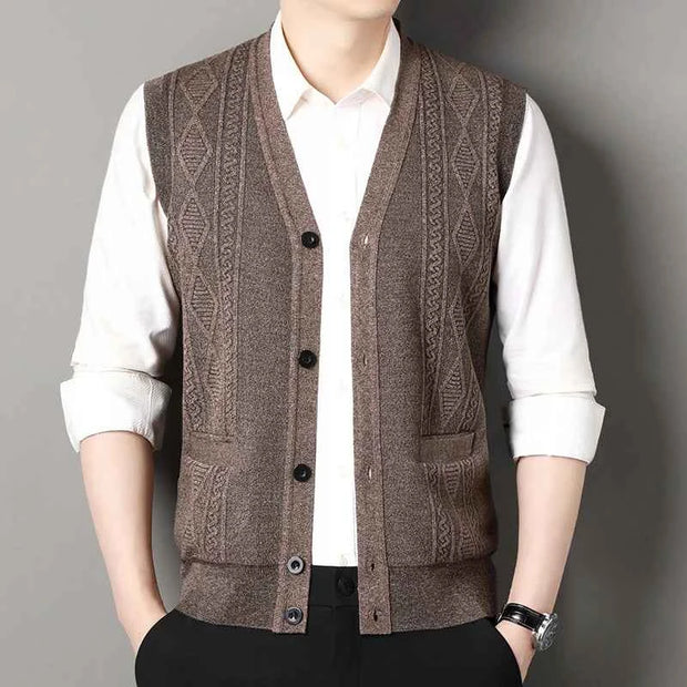 Men’s Knitted V-Neck Button-Up Sweater Vest Cardigan with Pockets
