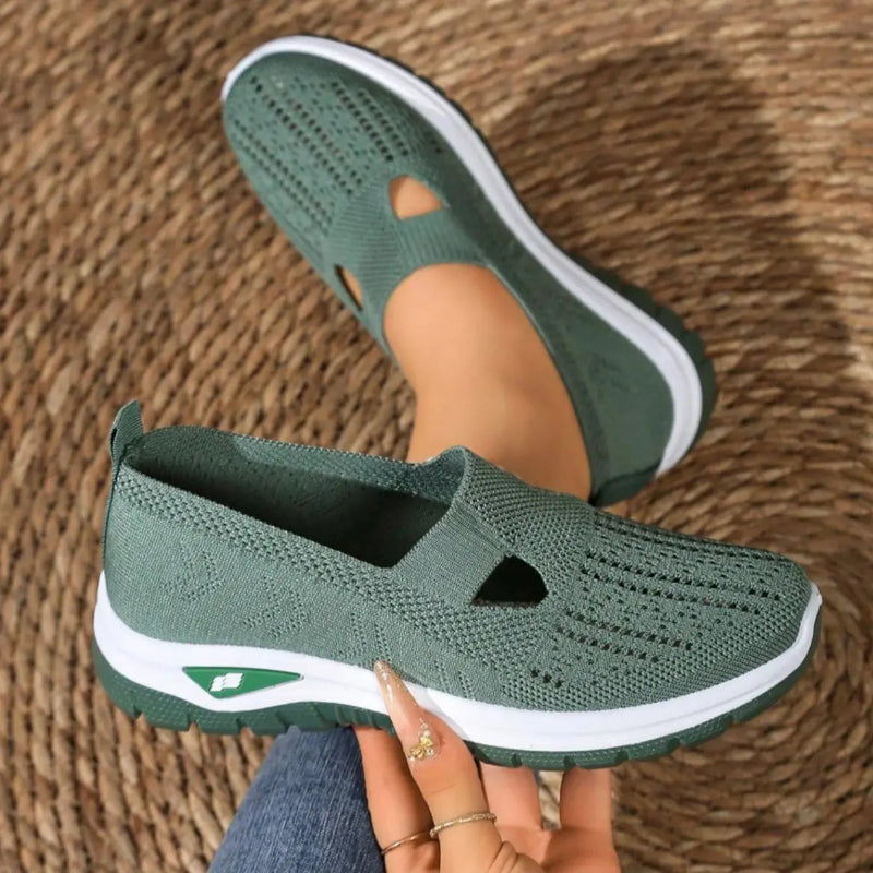Women’s Green Slip-On Walking Shoes – Knit Upper Cut-Out Casual Sneakers