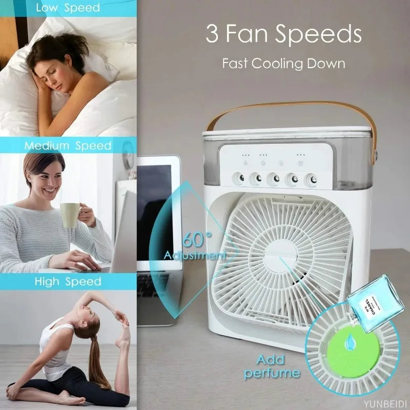 3-in-1 Portable Air Cooler Humidifier Fan with 600ml Water Tank, 3 Speeds & 7-Color Light