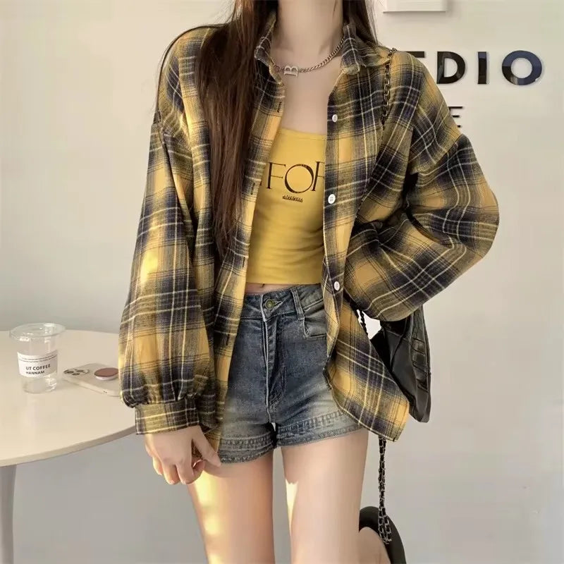 Women's Plaid Button-Up Shirt – Long Sleeve Loose Fit Casual Blouse
