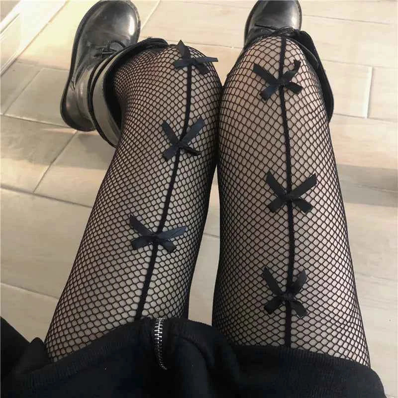 Fishnet Stockings with Bow Detailing | White & Black Lace-Up Hosiery