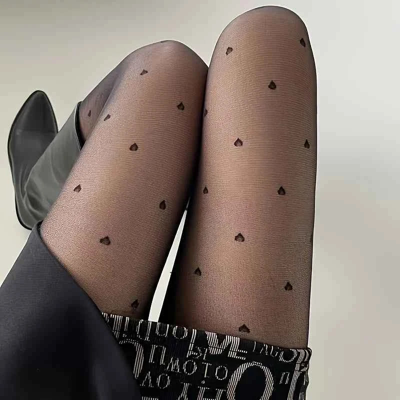 1 Piece Heart Print Black Sheer Pantyhose, Spring Summer Ultra-Thin Tights for Women, Sexy Slimming, Anti-Snag & Breathable, Int