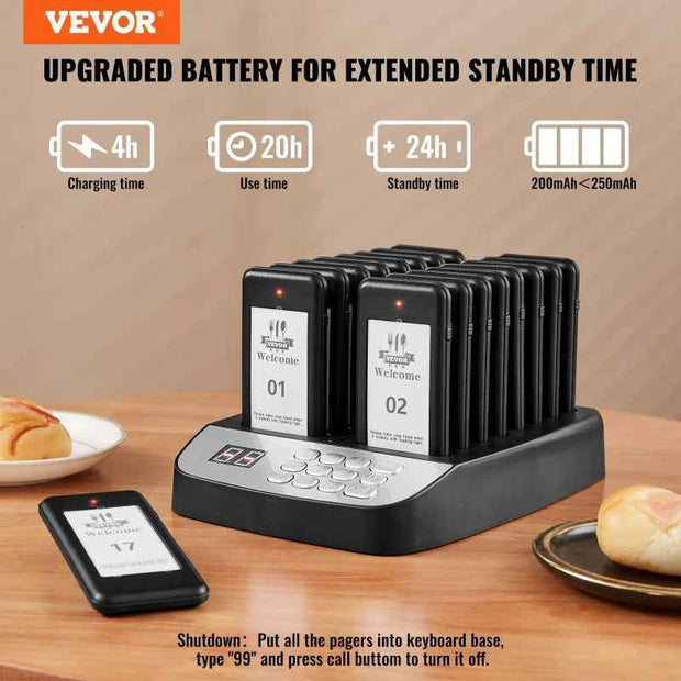 VEVOR 20-Pager Wireless Restaurant Paging System with 3 Alert Modes, 500m Range and Charging Base