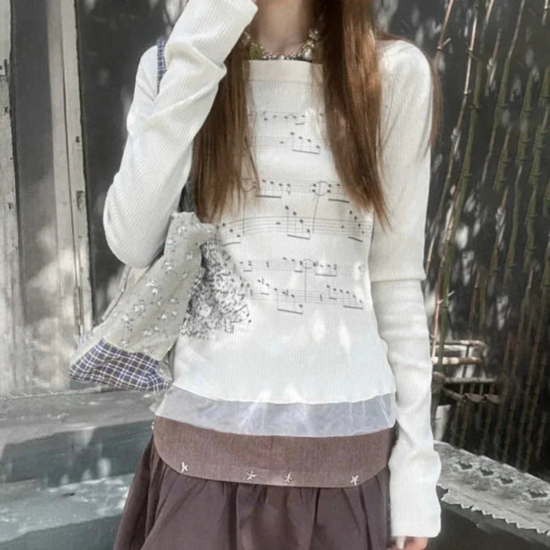 Music Notes Graphic Long Sleeve Top – Cozy Ribbed Design
