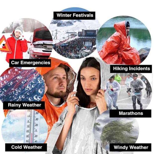Portable Outdoor Emergency Rain Poncho with Mylar Blanket Liner Thermal Poncho Waterproof Wind Resistant for Camping Emergencies