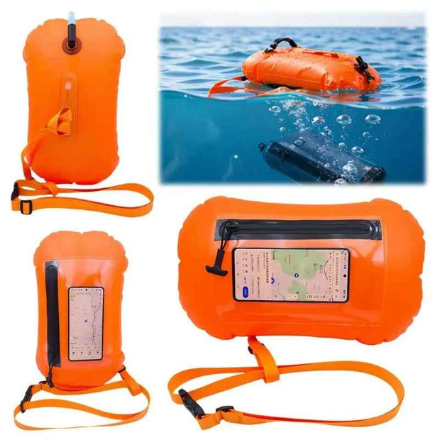 Orange Waterproof Swim Buoy Dry Bag with Touchscreen Phone Pouch and Adjustable Strap