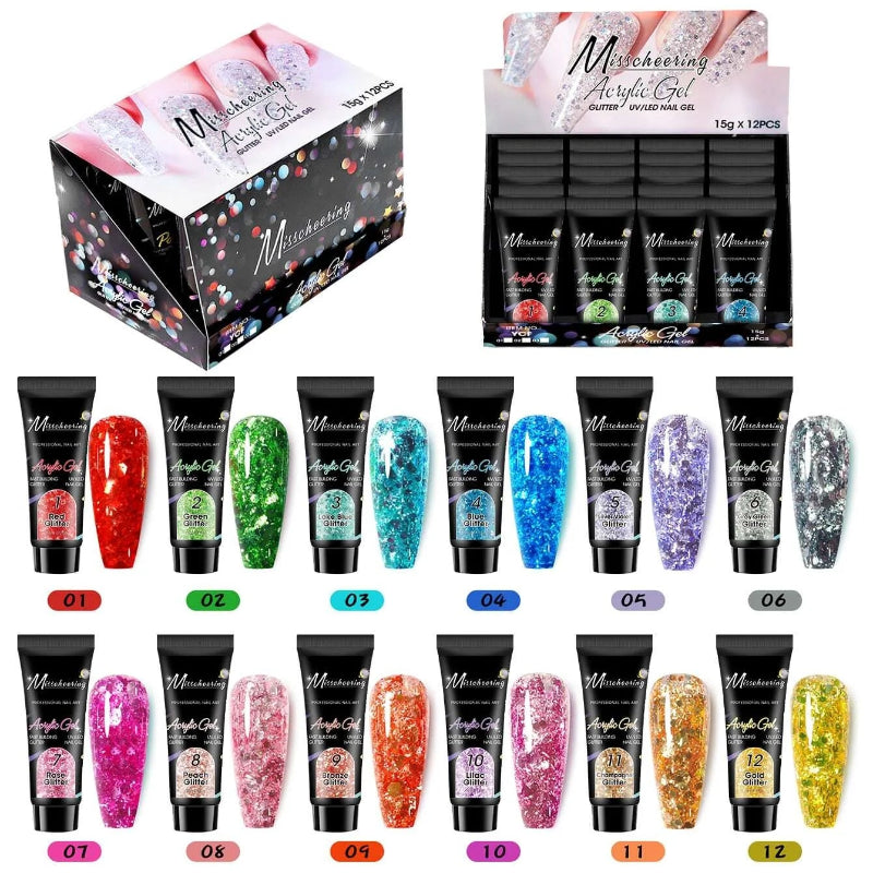 Misscheering Acrylic Gel Glitter UV/LED Nail Gel 15g x 12PCS Kit