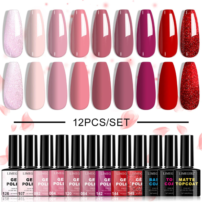 LIMEGIRL 12PCS/SET Gel Polish Nail Color Kit with Base, Top & Matte Coat