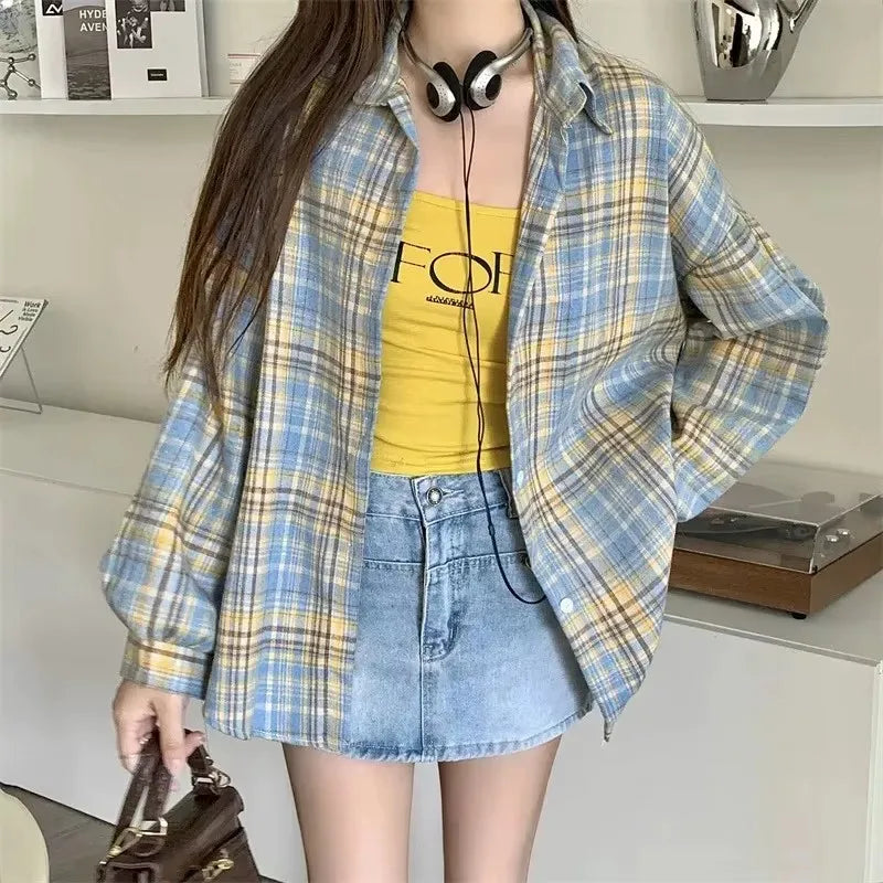 Women's Plaid Button-Up Shirt – Long Sleeve Loose Fit Casual Blouse